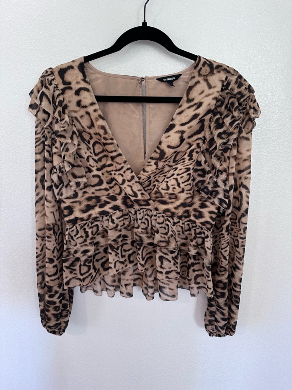 Express Brown Leopard Print Ruffle V-Neck Blouse